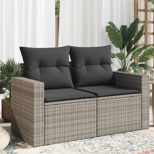 Myheimly Gartensofa 2-Sitzer mit Kissen Grau Poly Rattan Sofa mit Staufach unter Sitzfläche, Terrassensofa mit abnehmbarem waschbarem Bezug, Gartenmöbel Terrassenmöbel