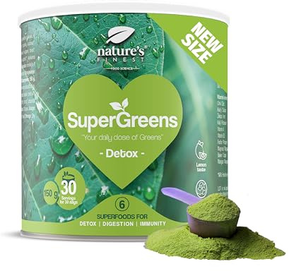 Nature's Finest Supergreens Detox - Grüne Superfoods Entgiftungspulver - Veganes Proteinpulver - Bio Gerstengrassaft Pulver, Chlorella - Pflanzliche Detox-Formel für Energie & Wohlbefinden - 150 g