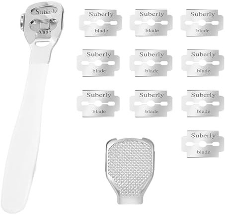 Hornhauthobel, Hornhautentferner, Hornhautraspel Fuß, Hornhautscharber für Fußpflege, Fußhobel mit Kunststoffgriff, 10 Klingen und Box