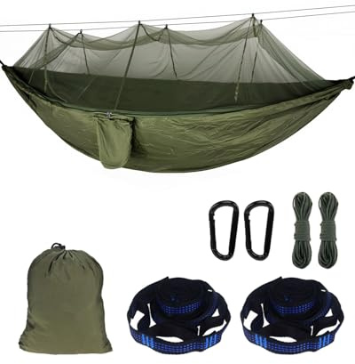 Zumhigh Camping Hammock with Mosquito Net, Ultra Lightweight Durable 210T Parachute Nylon Travel with Tree Straps Easy to Setup Hammock Camping with Mosquito Net Outdoor Indoor Garden Green