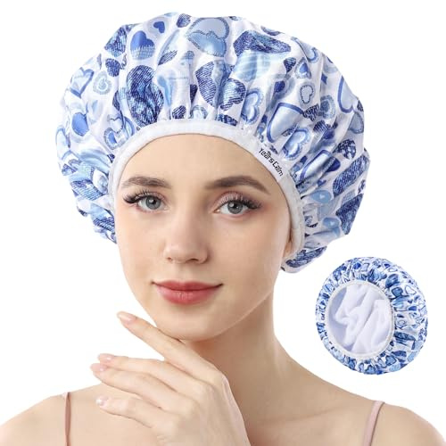 Years calm Bonnet de douche doublé en éponge, triple couche motifs cœurs, imperméable, réutilisable, élastique, bonnet de douche pour cheveux, bonnet de douche en tissu éponge pour spa, nettoyage