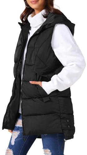 Allegra K Chaleco Largo Acolchado de Invierno para Mujer Chaqueta de Plumón Sin Mangas con Capucha y Bolsillos Negro M