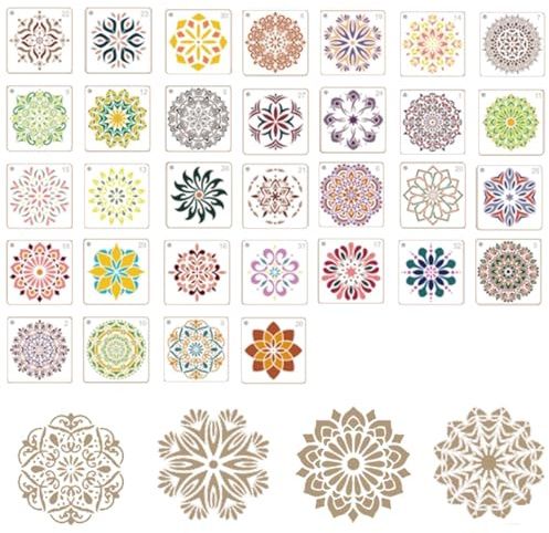 Xgvzs Juego de 36 plantillas de mandala reutilizables para pintura de PET con flores, plantillas de pintura, plantillas de diseño textil para madera, tejidos de suelo, muebles