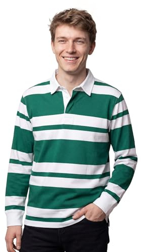 BRIAN OAK LONDON Mens Classic British Rugby Polo Shirt, Green & White Stripe, Long Sleeve, Premium Cotton Blend, Smart Casual Relaxed Fit Top (UK, Alpha, M, Regular, Regular, Green & White)