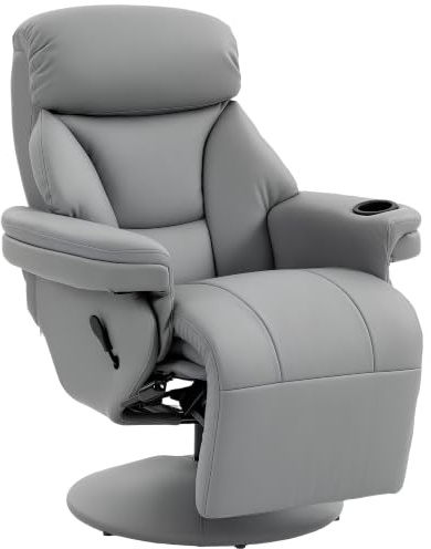 HOMCOM Manual Recliner Chair with Footrest Adjustable Backrest Grey | Upholstered Reclining Armchair, Cup Holder, PU Leather Swivel, Living Room, Bedroom