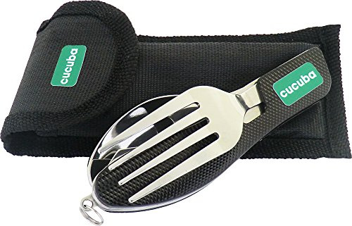 CUCUBA® Set Posate Colore Nero 4 Pezzi (Coltello, FORCHETTA, Cucchiaio, APRIBOTTIGLIE) Ideale per Campeggio, Pesca, Caccia, ATTIVITA’ all’Aria Aperta