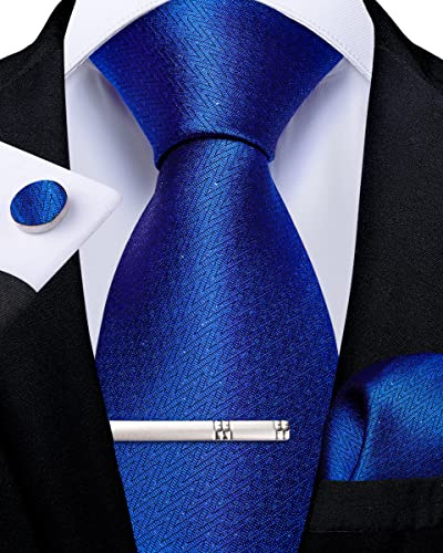 DiBanGu Men's Necktie Solid Silk Tie and Pocket Square Wedding Tie Cufflinks Set Formal, One Size, Royal Blue