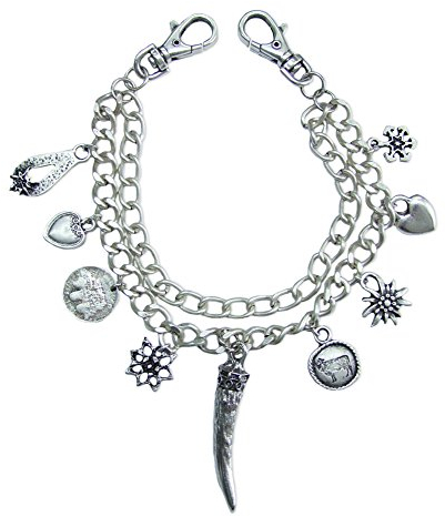 Trachtenland Charivari Kette in Altsilber für Herren - Schmuck zur Lederhose mit Münze, Zahn und Edelweiß