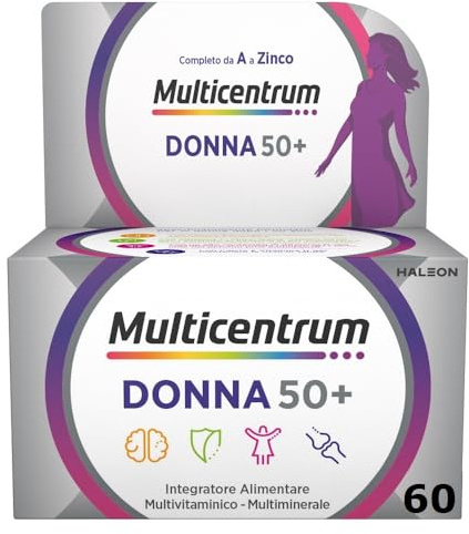 Multicentrum Donna 50+ Integratore Multivitaminico completo, con Magnesio, Vitamina A, D, B12, Calcio, per combattere stanchezza e affaticamento per Donne oltre 50 anni, 60 Compresse