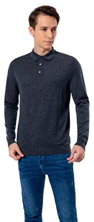 WOSICA Men's 100% Extrafine Merino Wool Long Sleeve Polo (Charcoal S)