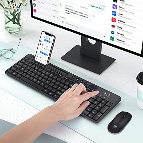 EVO LABS WM-757UK Wireless Keyboard and Mouse Combo Set, With Integrated tablet/ mobile/ smartphone stand, 2.4GHz Full Size Qwerty UK Layout Keyboard with Wireless Mouse, Ideal for Home/Office, Black