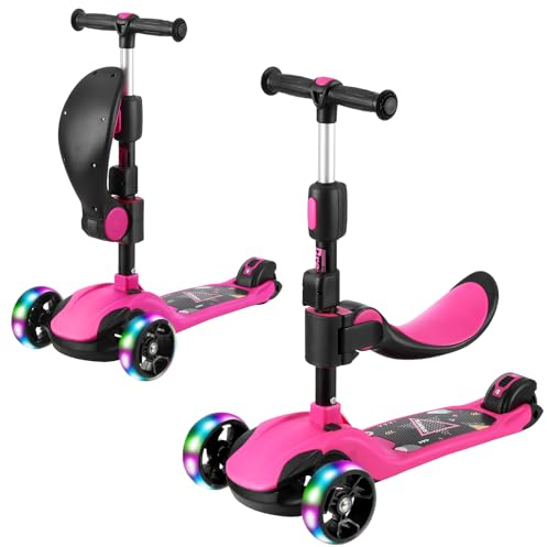 BremToy Roller Kinder mit Abnehmbarer Sitz, Kinder Roller mit Stufenlos Einstellbar, Kinder Scooter mit PU LED-Rädern, Faltbarer Kinderroller für Kinder von 1-12 Jahren