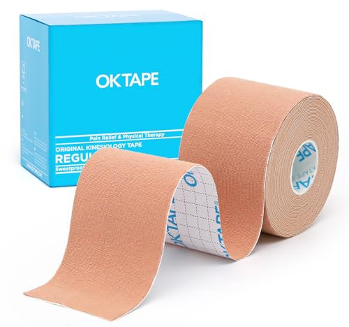 OK TAPE Kinesiologico tape 5cm x 5m, Nastro Atletico Terapeutico Elastico Resistente, Senza Latex, Antidolore, Recupero Lesioni, per il ginocchio, supporto muscolare(1 Rotoli, Beige)