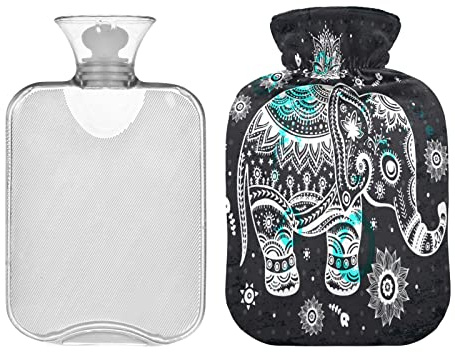 2L Hot Water Bottle with Cover, Vintage Indian Lotus African Elephant Hot Water Bag for Hand Feet Warmer, Classic Transparent Warm Water Bottle for Menstrual Cramps, Neck and Shoulder Pain Relief