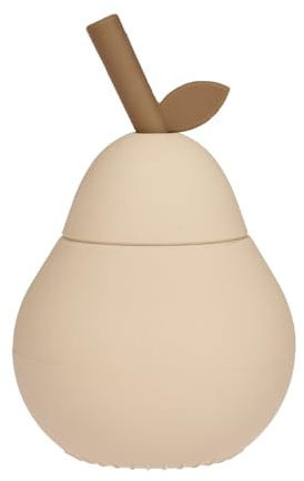 OYOY Mini Trinkbecher Silikon mit Deckel und Strohhalm für Kinder - Pear Cup Beige - Trinklernbecher in Birnen Form - L:8,5 x B:8,5 x H:13,5 cm - M107433