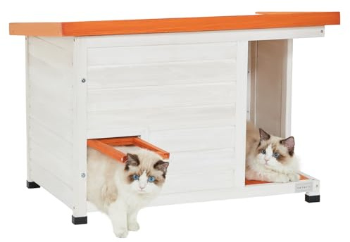 Petsfit Cat House Outdoor Weatherproof for 1-2 Cats, Sizing 34 Lx18 Wx23 H,Wooden Outside Cat House with Corrido and Escape Door White