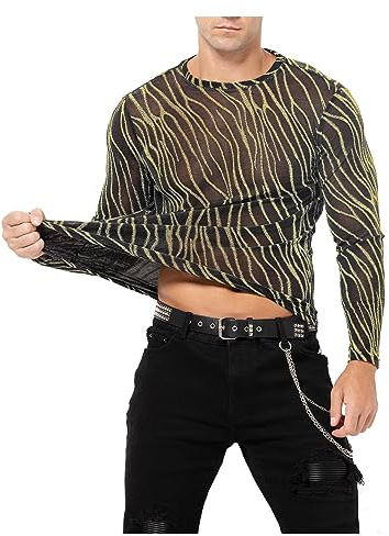 Casey Kevin Chemise Paillette Homme Tee Shirt Transparent Manche Longue T-Shirt Resille Sexy Disco Tenue Sequin Vetement Haut Fishnet Maille Costume Rave Outfit Filet Mesh Top Rayé Clubwear Bal