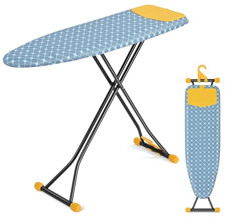 KINGRACK Bügeltisch mit Bügeleisenablage, kompakter und platzsparender Bügeltisch, extra Dicker Bezug, höhenverstellbar, Wandhalterung & Kleiderbügel 122x38cm Gelb