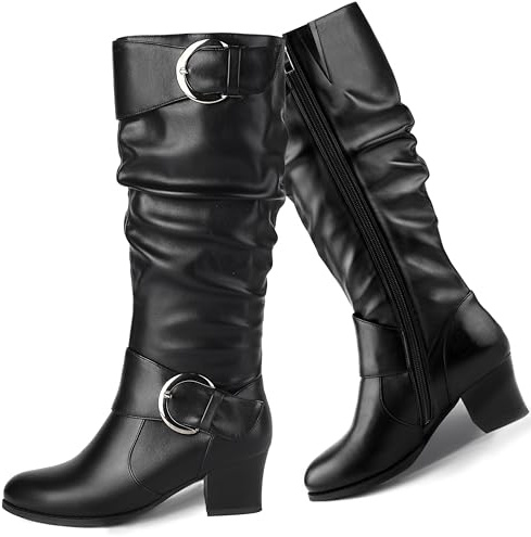 Voviggiw Femmes Mollet Large Jusqu'au Genou Bottes Tombantes Bout Rond Mariée à Boucle Bottes d'équitation Moyen Talons Bloc Bottes au Genou Fermeture éclair Latérale Noir Taille Marquée 38