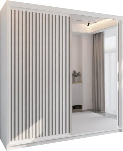 MN Furniture Roni Wide Wardrobe with Hanging Rails, Shelves and Drawers, Freestanding Closet Cabinet and Wardrobe with Sliding Mirror Doors for Bedroom (White, 203cm)