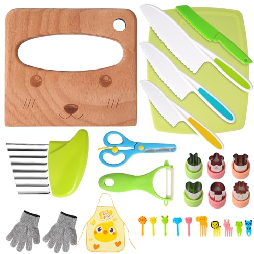 Votoko 28 Pezzi Set di Coltello da Cucina per Bambini per la vera cucina, Coltelli di sicurezza per bambini per tagliare e cuocere frutta verdura, Reale Utensili Cucina Montessori