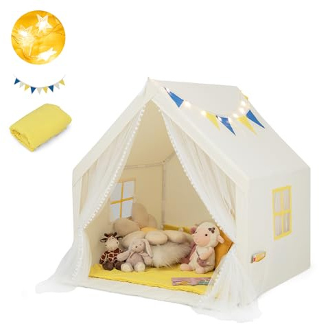 HOMASIS Tienda Campaña para Niños, Carpa Infantil, Casita Interior con Luces Estrellas y Alfombra de Algodón, Cortina de Gasa y Bolsillo Lateral, Cabaña de Juego para 2 Niño,122x105x125cm (Beige)