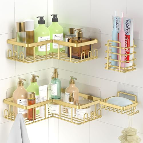 Ruhetfam Shower Caddy, 4 Pack Corner Shelf Adhesive Shower Shelf, Stainless Steel Bathroom Accessory, Bathroom Shelves Organiser No Drilling, Shower Storage Gold