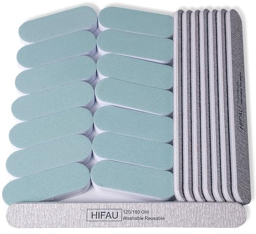 HIFAU Lima y pulidor de uñas, 22 piezas profesionales de esmeril limas y pulidores para uñas naturales y acrílicas, grano 120/180 y 600/3000 de doble cara y reutilizables, kit de herramientas para