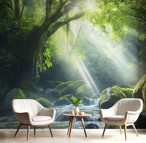 Seide Fototapete Urwald 300×210 CM (W×H), Foto Tapete Schlafzimmer Wohnzimmer Seide tapete, Wandtapete Strom Motivtapeten Bildtapete 3d Effekt Wand Dekoration