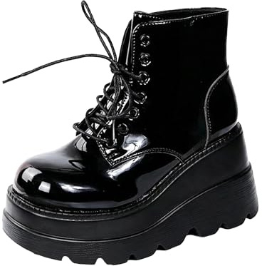 Maimeili Women's Gothic Platform Combat Boots with Bat Wings Lace-up with Buckle Straps Ankle Boots Chunky Platform Sole Fashion Studded Motorcycle Boots