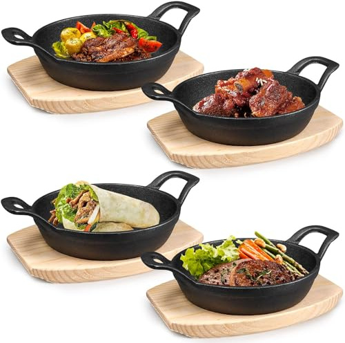 Set di 4 mini padelle in ghisa con 2 manici, 16 cm, piccole padelle in ghisa con tagliere in legno, rotonde, per forno, induzione, cottura, arrosto e cucina