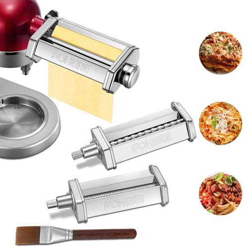 FOHERE Accesorio para Pasta para Batidoras de Pie KitchenAid, Incluye Rodillo de Pasta, Cortador de Fettuccine, Cortador de Espagueti y Cepillo de Limpieza (7 Grosores Ajustables)