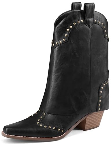 RONILURN Women Shark Boots Fold Over Cowboy Boots Cowgirl Ankle Chunky Heel Snip Toe Pull On Studded Boots for Women
