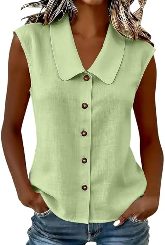 YNRENHNEE Camicia Donna Estiva Elegante Camicia Senza Maniche con Colletto Blusa in Lino e Cotone con Bottoni Lavoro Top Camicetta Casual Classico Maglietta Golf