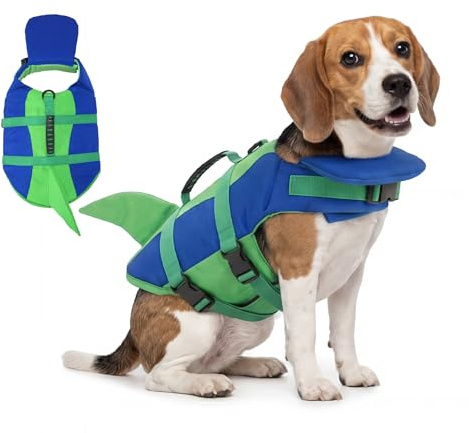 Ranphy Shark Gilet de sauvetage pour chien avec mentonnière, gilet de natation haute flottabilité avec poignée de sauvetage et anneau de plomb pour piscine, bateau, plage, chiens de petite, moyenne et