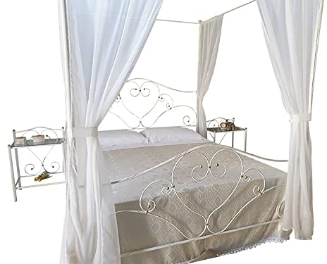 Letto Matrimoniale a Baldacchino, Ferro BATTUTO, Modello Cuore, Qualità 100% Made in Italy (Avorio, Sfumature Oro)
