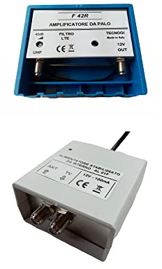 Vsnetwork Kit Amplificatore Antenna TV da Palo 42 dB + Alimentatore 12V 100 mA, Filtro Lte/5G, Regolabile