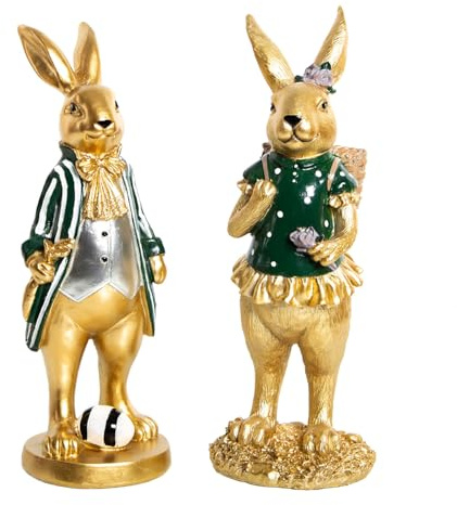 Logbuch-Verlag Pareja de Conejos Pascua, 2 Unidades: Figuras Elegantes Grandes, decoración Primavera, Adorno Mesa Interior, Set Decorativo Oro Verde Oscuro, Figuras para Colocar, 30 cm