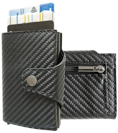 DAMP Porta Carte di Credito Uomo RFID in Fibra di Carbonio - Portafoglio Slim Portamonete con 7 Scomparti per Tessere, Banconote e Zip x Monete (Nero)