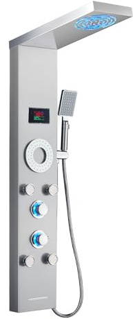 TSIBOMU LED Shower Panel Tower System, Stainless Steel Rainfall & Mist Shower Tower, 5 Body Jets, Handheld Shower, Tub Spout and Hydroelectricity Temperature Display, Brushed Nickel