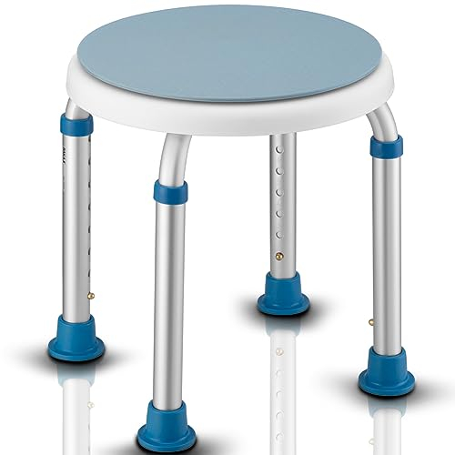 BAKAJI Taburete de ducha con 8 niveles de altura ajustable, silla de baño giratoria de 360°, soporte con patas antideslizantes, capacidad de hasta 150 kg, asiento de bañera ideal para personas mayores