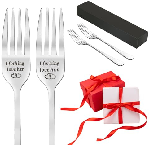 EDATOFLY Pack of 2 Engraved Forks, Stainless Steel Dinner Forks Gift for Anniversary, Wedding, Christmas, Valentine's Day - Personalized Letter - 'I Forking Love Her/Him' (Silver)