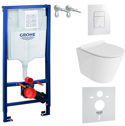 LAVITA Elemento da parete Solido + parete sospesa WC Galve, bianco, senza bordi e sedile WC SoftClose, pulsante bianco lucido, set completo, cassetta di risciacquo da incasso, set completo