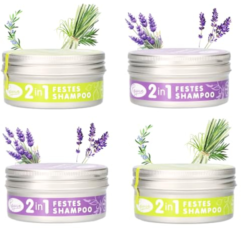 REYUVE 2in1 Festes Shampoo (2 x Lavendel 2 x Zitronengras) je 75g mit Aludose zum Reisen - Naturkosmetik - Düfte wie in Luxushotels Resort Spa - Vorteilspack für Männer Frauen…