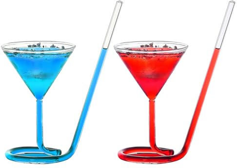 LOZACHE Crystal Martini Glasses Set of 2 with Stemmed Straw Built in, 110ml Unique Espresso Martini Drinking Glasses for Cocktail Champagne
