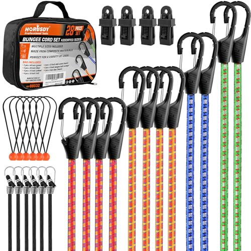 HORUSDY 28-Piece Premium Bungee Cords with Hooks, Includes 10”, 18”, 24”, 36”, 48”, Bungee Cord Assortment (10 to 48 Inch)，Canopy/Tarp Ball Ties and Crocodile Mouth Tarp Clips