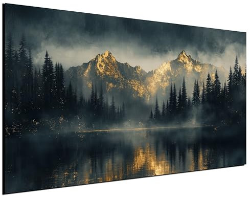 DARO Design® Leinwand Groß 84x56 cm XXL Deko Schlafzimmer Aesthetic Leinwandbilder Wohnzimmer Gemälde Foto Geschenk Living Room Decoration Kunst Berge Gold See Wald Wasser Spiegelung Nebel