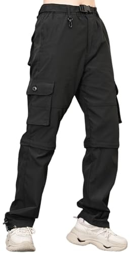 GAUASUIM Damen Wanderhose Zip Off Hose Outdoorhose Schnelltrocknend Trekkinghose Abnehmbare Hosenbeine Shorts Atmungsaktiv Cargohose Sommer Hiking Pants Funktionshose mit Gürtel 6 Taschen Schwarz M