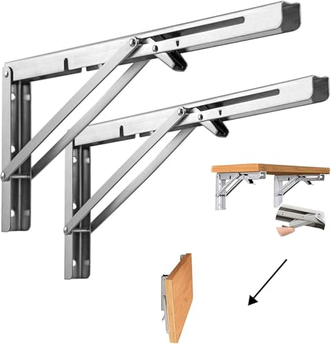 Heavy Duty 40 cm (16 tum) fällbara hyllfästen 2-pack – rostfritt stål hopfällbara stöd för garagebänkskivor, skjul och skåpbilar konverteringar (85 kg kapacitet)
