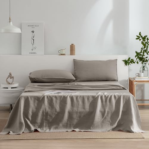 EVERLY Linen King Size Sheets Set,100% French Washed Pure Linen Bed Deep Pocket Sheets,4Pieces(1Flat Sheet,1Fitted Sheet,2Pillowcase) Suitable for Hot Sleepers,180GSM Natural Linen Bedding Set